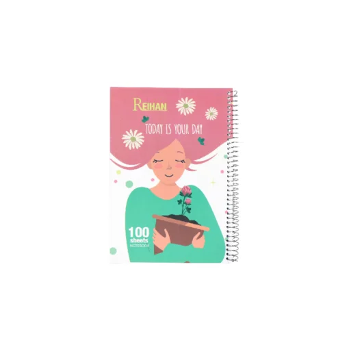 دفتر100برگ فنری طلقی ریحان طرح دختر با مو های صورتی